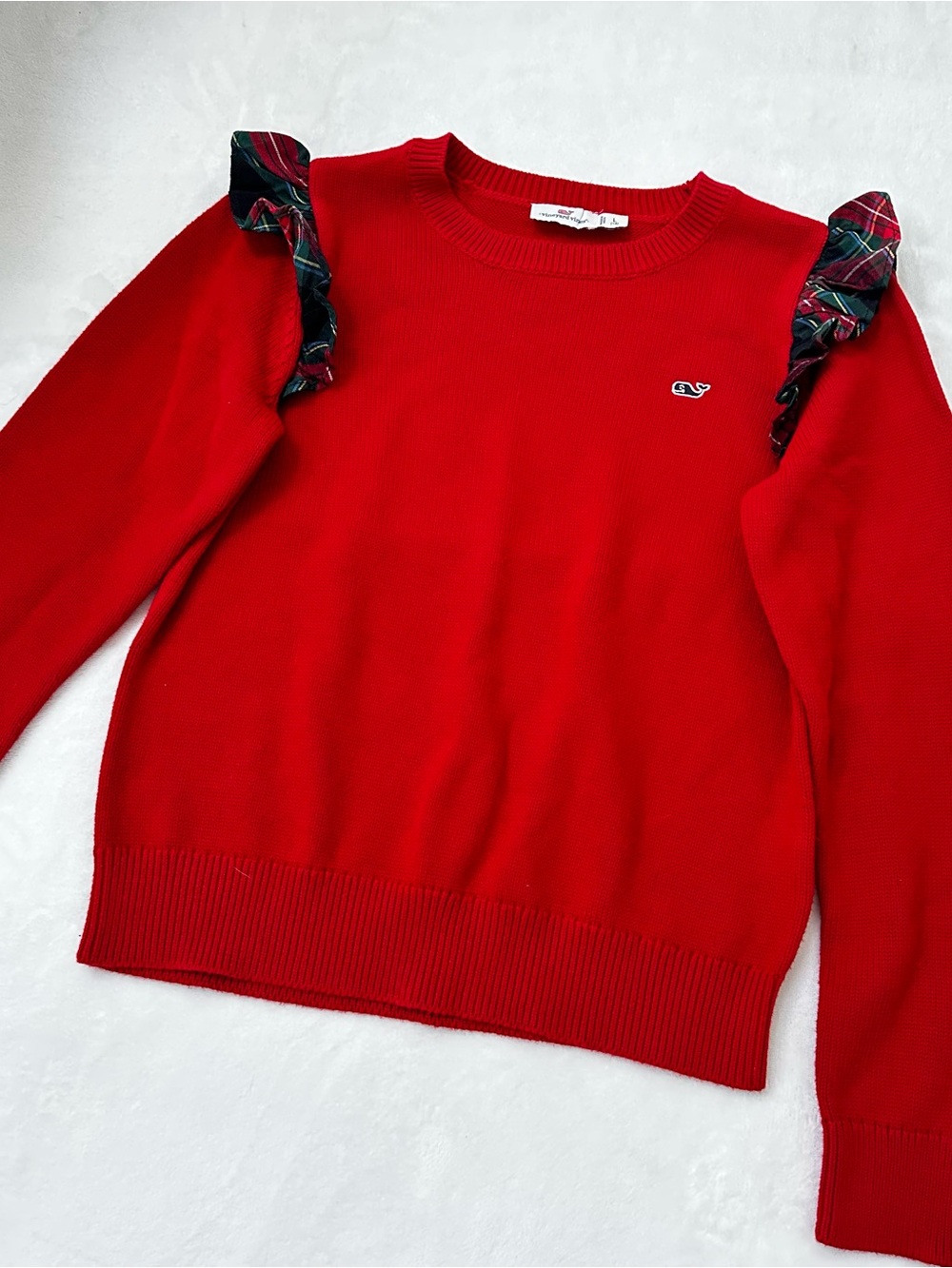 Vineyard Vines Red Crewneck Sweater with Plaid Ruffle Shoulders